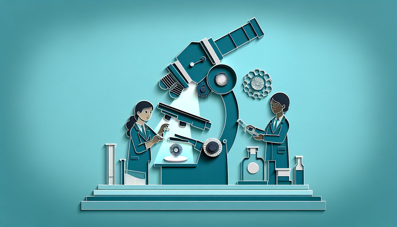 Paper art illustration of microscope anatomy quiz shows microscope parts and focused light beam on teal background.