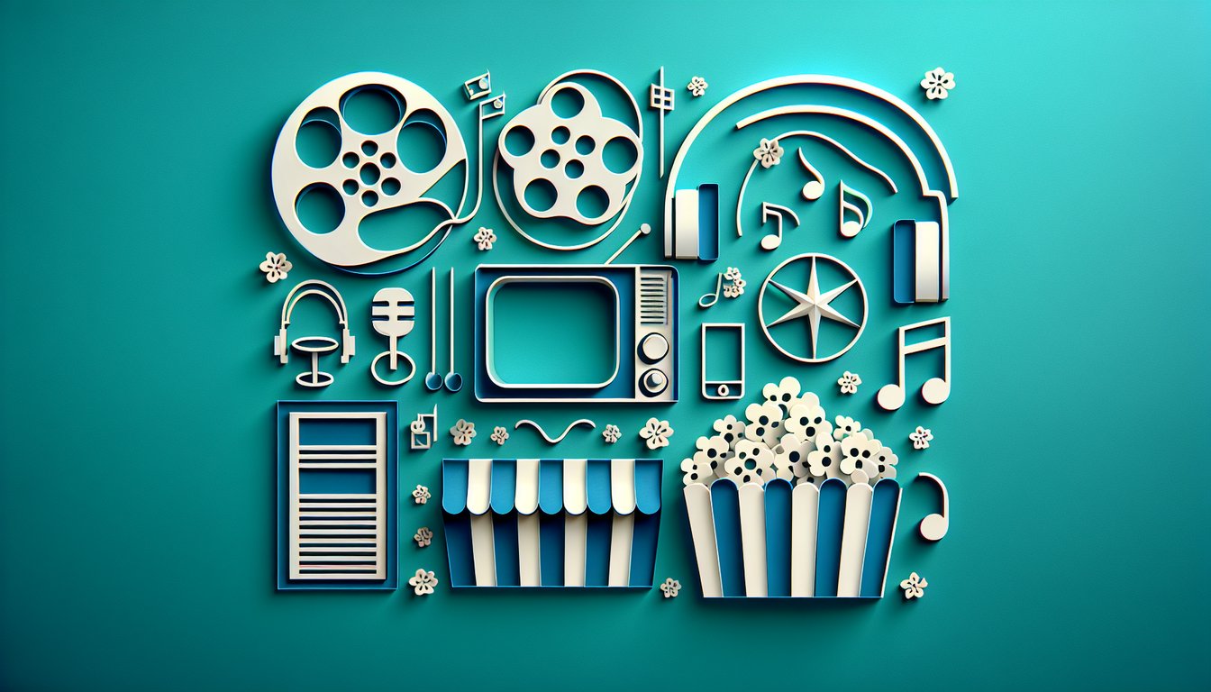 Paper art illustration for a multi-choice trivia quiz on entertainment topics on a teal background