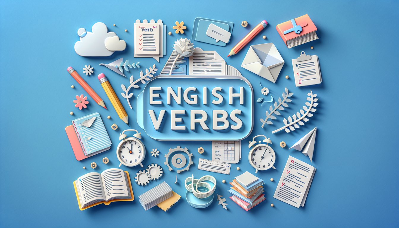 Paper art illustration for English verbs quiz on sky blue background highlighting verb forms, tenses, irregular usage.