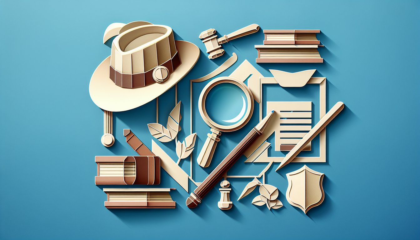 Paper art illustration for SVU quiz featuring detective badge gavel magnifying glass and quiz title on sky blue background