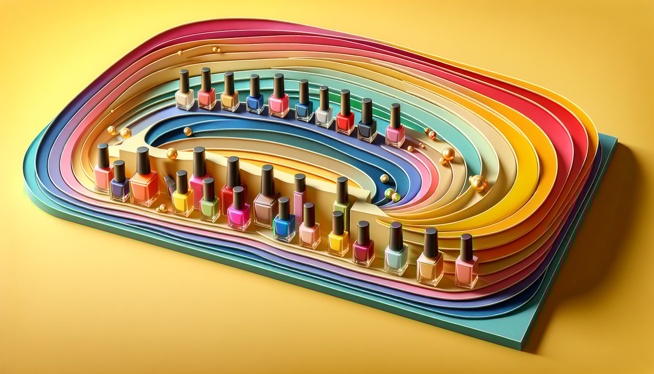 Paper art illustration for nail polish color quiz on a golden yellow background
