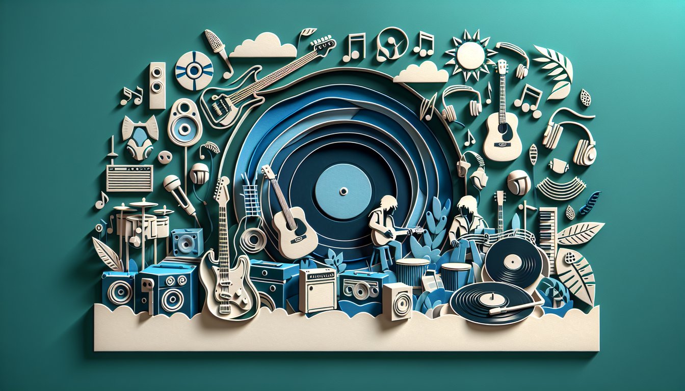 Paper art cutouts of microphone guitar headphones vinyl record on teal background for which music artist are you quiz