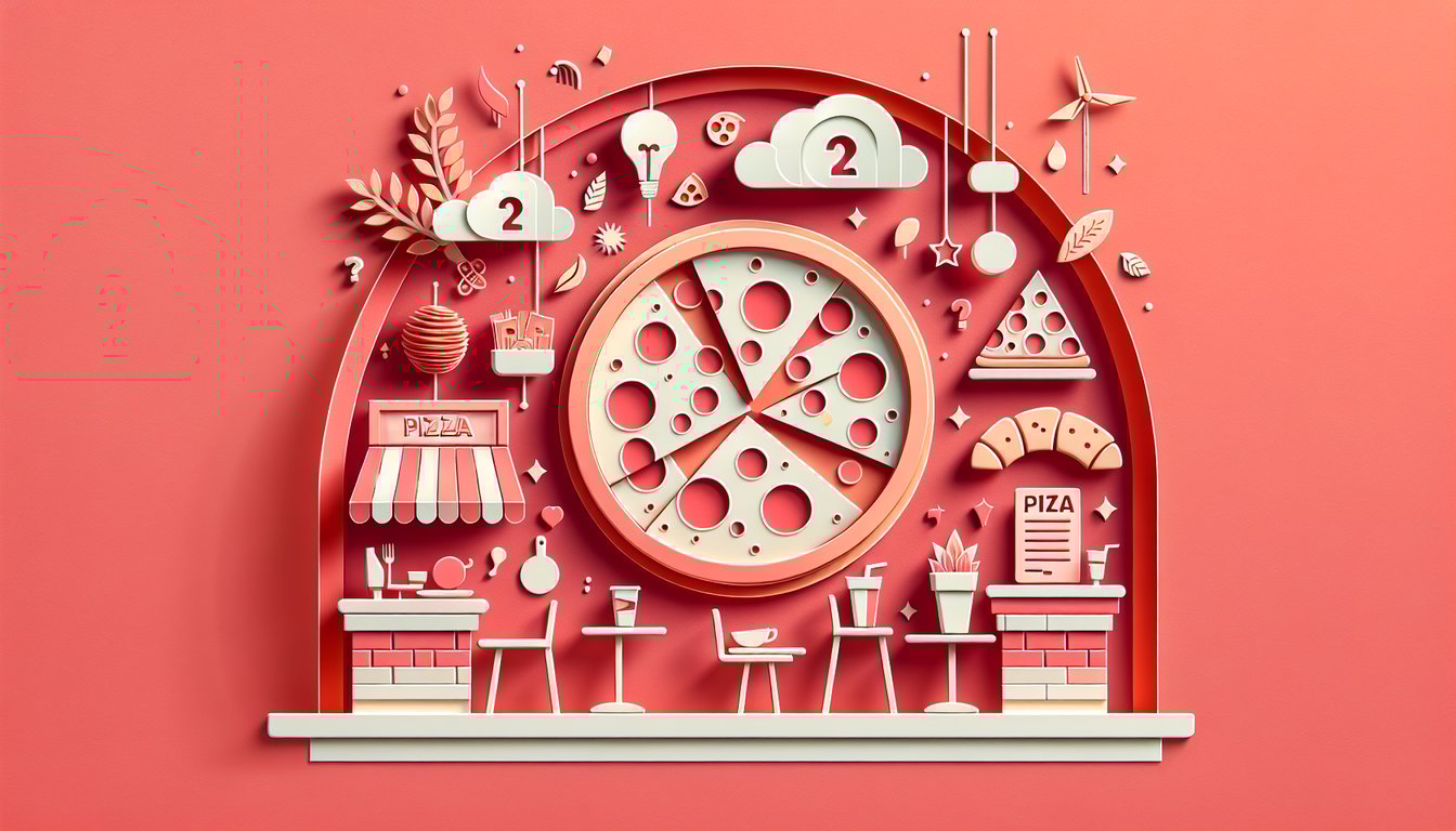 Paper art quiz scene featuring Mellow Mushroom pizza trivia and restaurant decor details on coral background