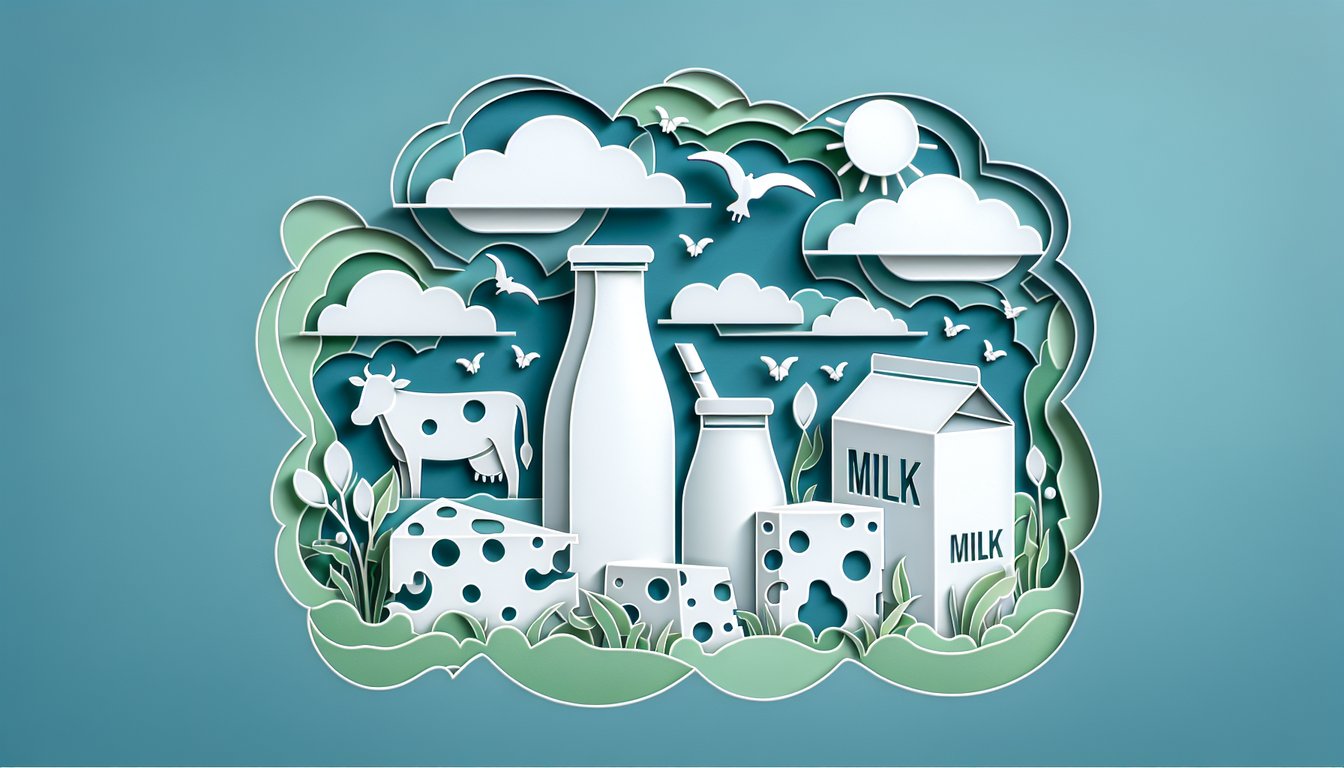 Paper art style milk bottle cheese wedge dairy trivia quiz title on teal background