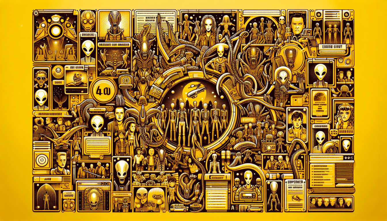 Paper art illustration for Alien Trivia Quiz on a golden yellow background