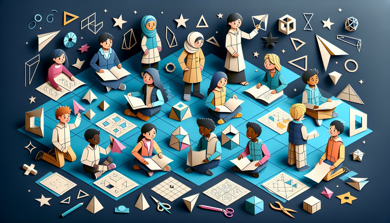Colorful paper art promoting Shape Shift Showdown geometry trivia for middle schoolers.