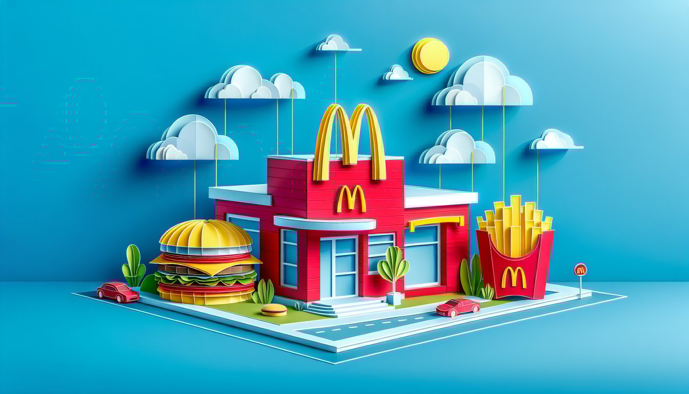 Paper art of burgers fries and quiz elements for a McDonalds trivia challenge on a sky blue background