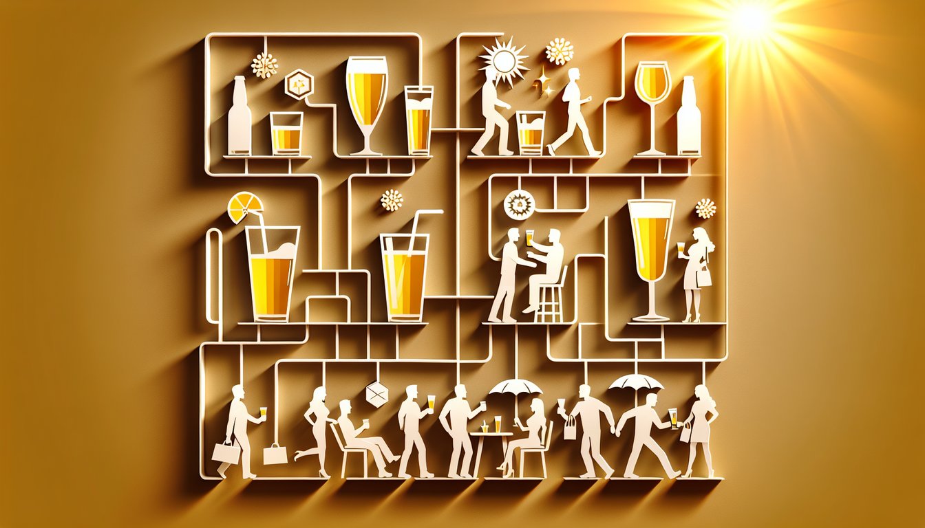 Paper art cocktail glasses clinking over quiz title on golden yellow background inviting discovery of ideal drinking buddies