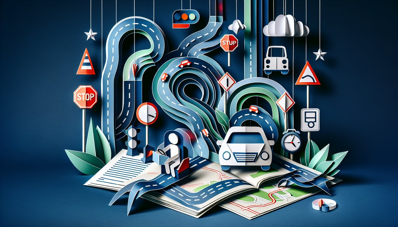 Colorful paper art promoting Indiana Permit Ace Quiz for prospective drivers.