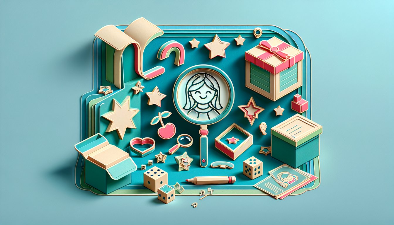 Paper art illustration on teal background featuring playful shapes text about a quiz to uncover an ideal nickname for girls.