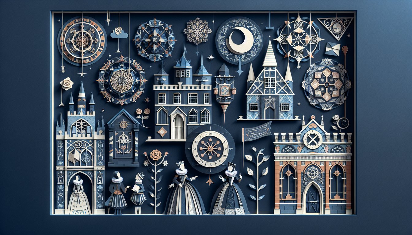 Paper art depicting trivia quiz on Elizabethan Age for high school exam preparation.