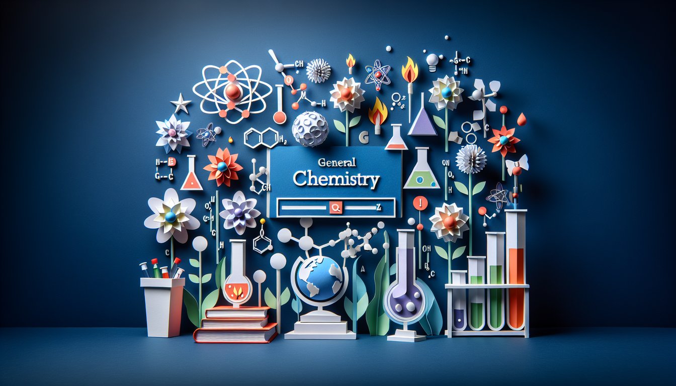 Paper art representing a trivia quiz about ACS GenChem Challenge for students preparing for exams.