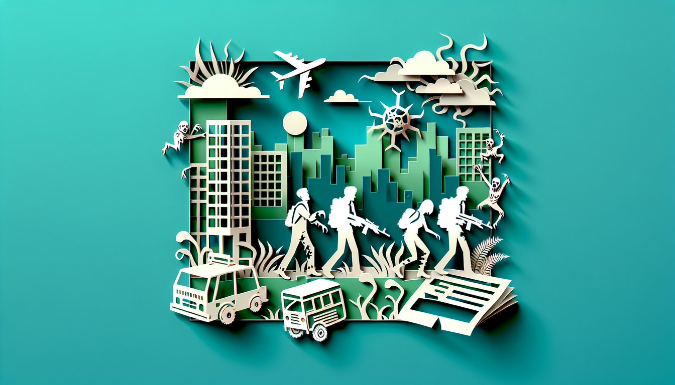 Paper art illustration for zombie apocalypse survival quiz on teal background