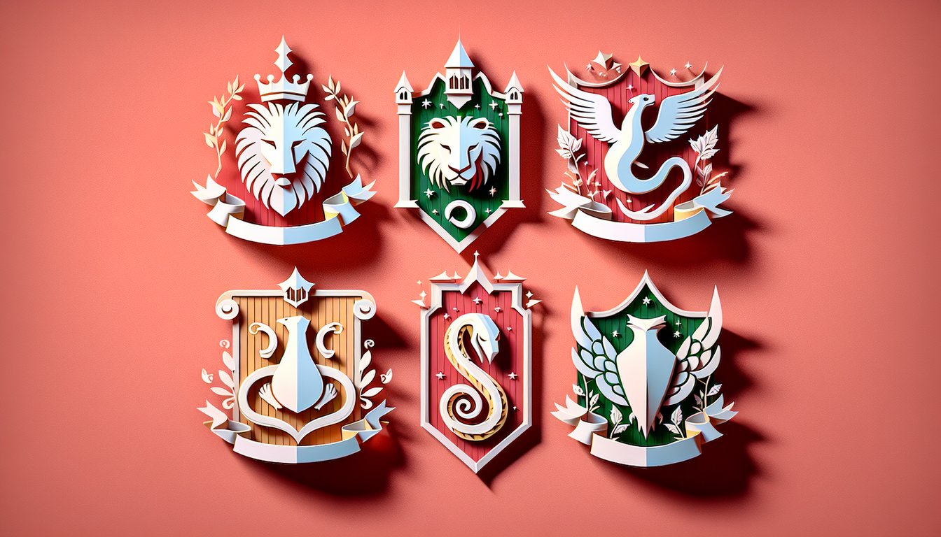 paper art illustration of Hogwarts crest symbols wand hat book lightning scar on coral background for fun house quiz