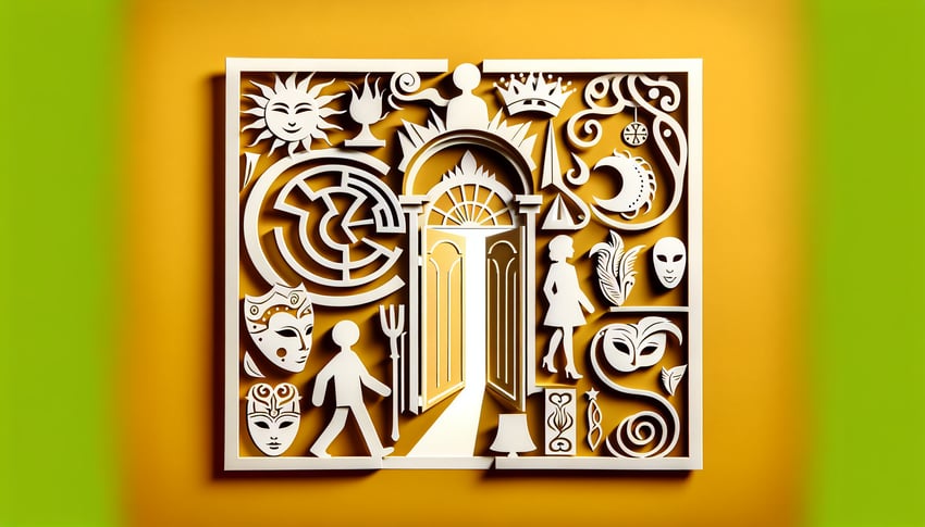 Paper art illustration for OC personality quiz on golden yellow background.
