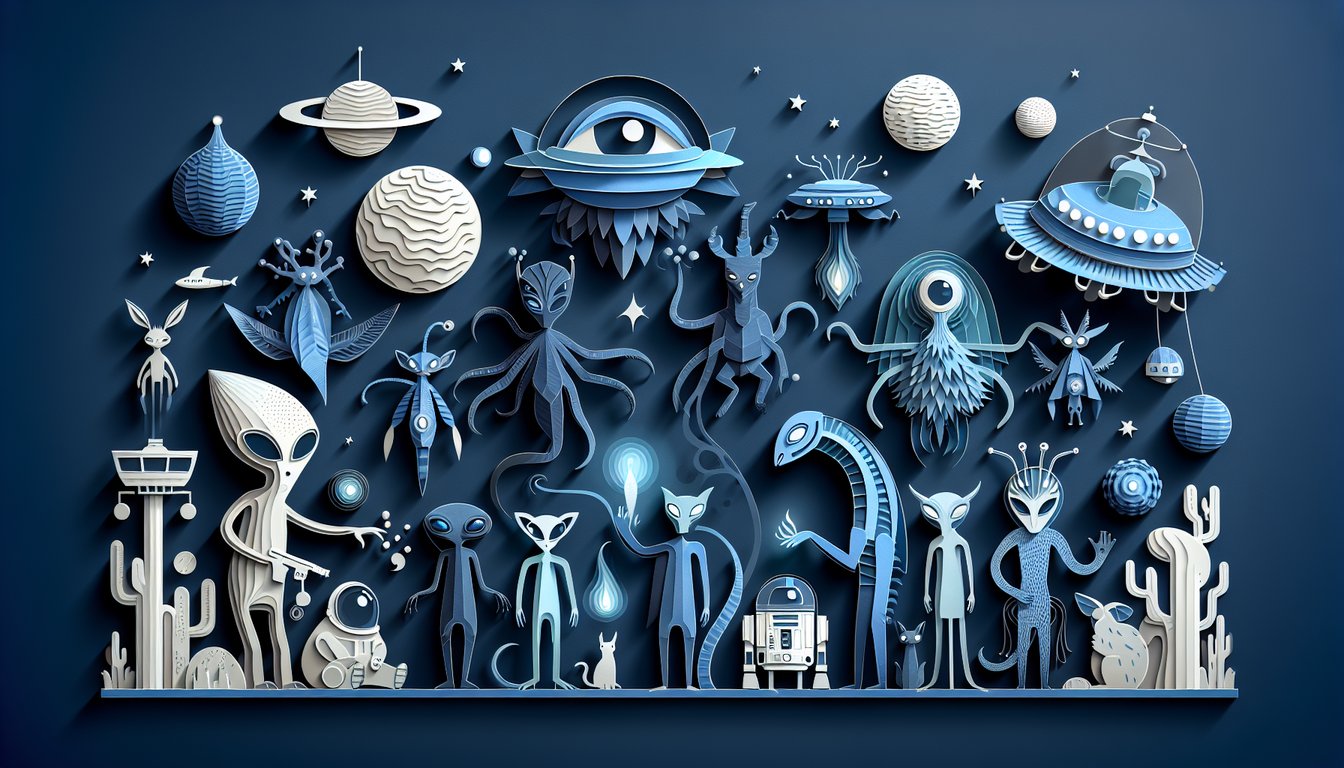 Paper cutout-style alien heads and question marks on dark blue background representing a free alien personality quiz