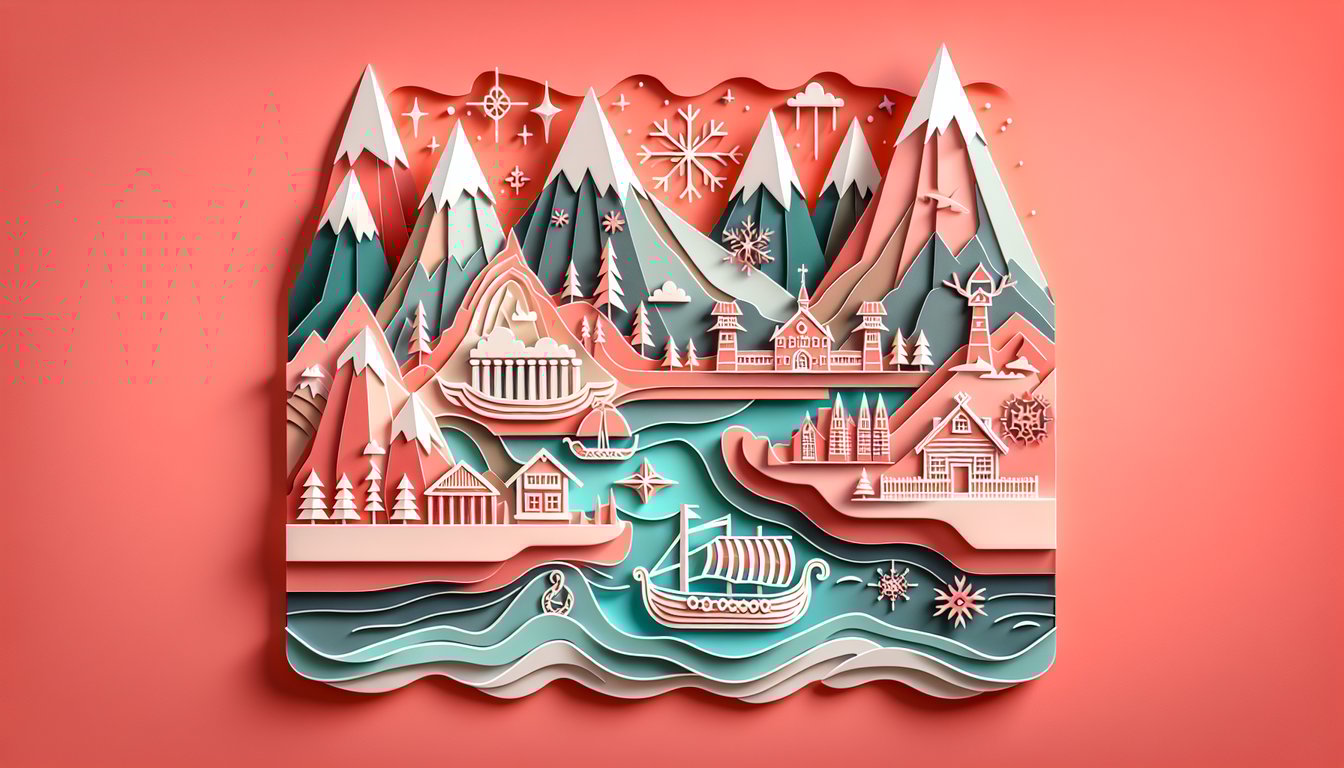 paper art illustration of Nordic landmarks on coral background urging test of Europe trivia in free Northern Europe quiz.