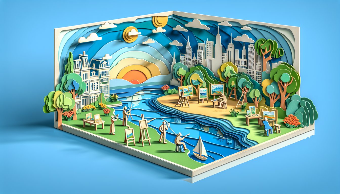Paper art collage of painter palette canvas brush and Paris landmarks on sky blue background for Impressionism origins quiz
