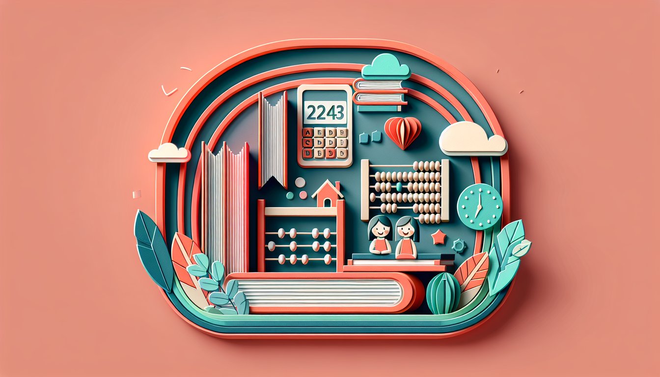 Paper cutout school supplies books pencils numbers speech bubbles kids on coral background for first grade readiness quiz
