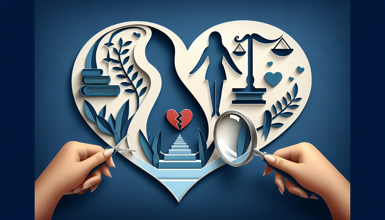 Paper art illustration for a divorce readiness quiz on a dark blue background