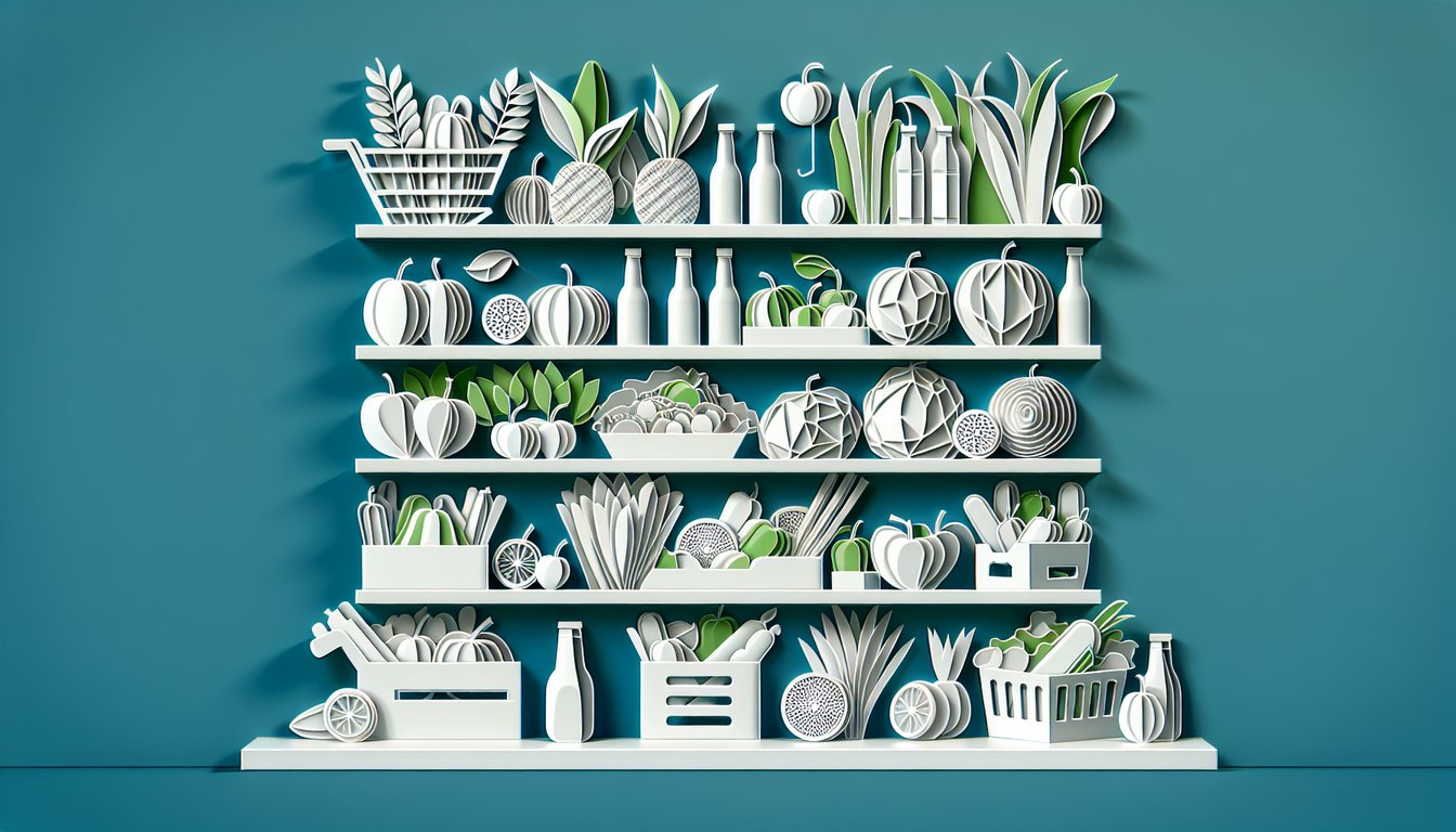 Paper art fruits and vegetables with price stickers and PLU codes on teal background free quiz prompt