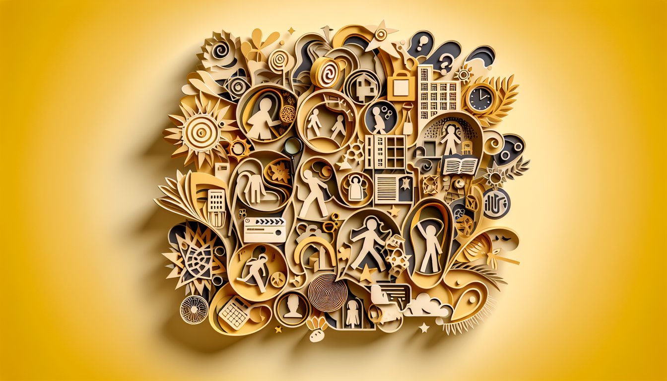 Paper art illustration of The Trap character silhouettes on golden yellow background for fun personality quiz