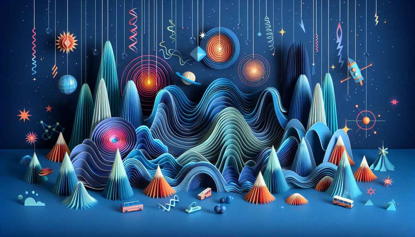 Paper art depicting trivia for Wave Motion Mastery, a high school physics quiz.