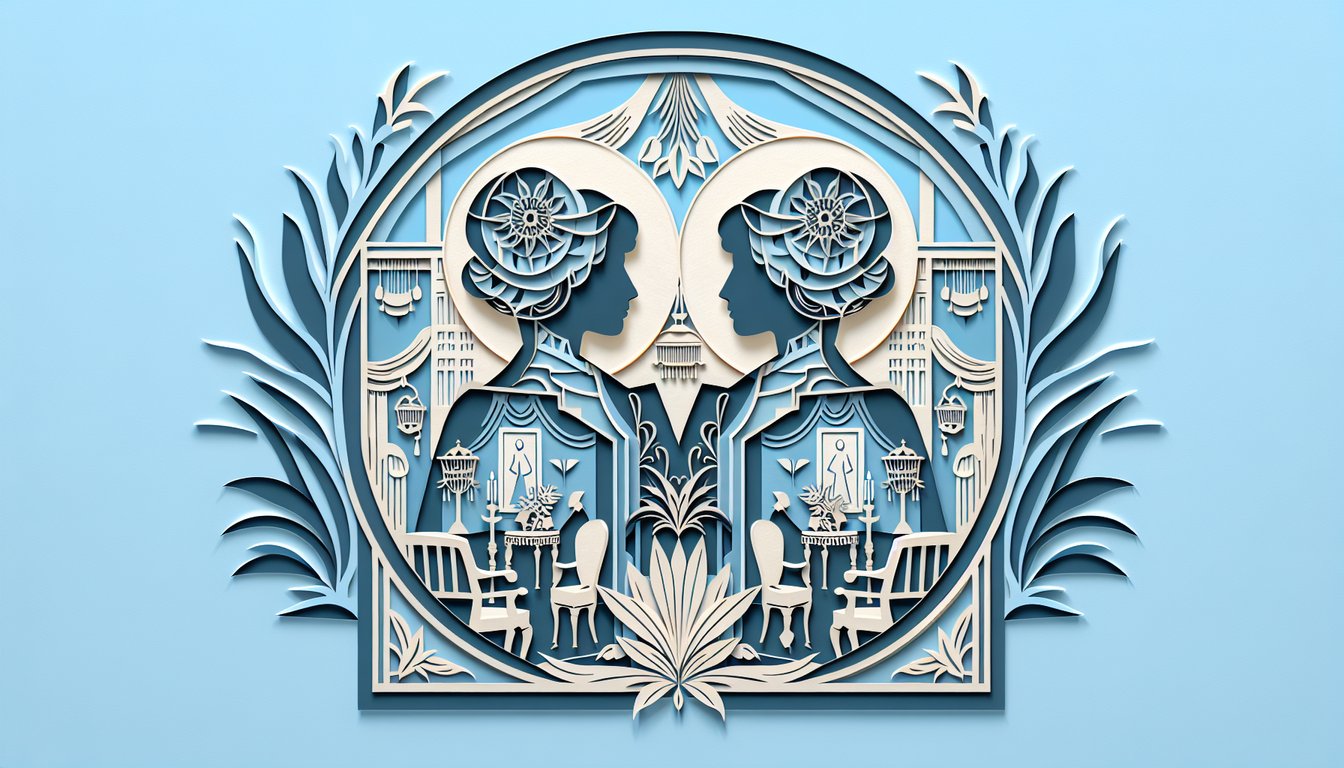 Paper art illustration for history couples trivia quiz on a sky blue background