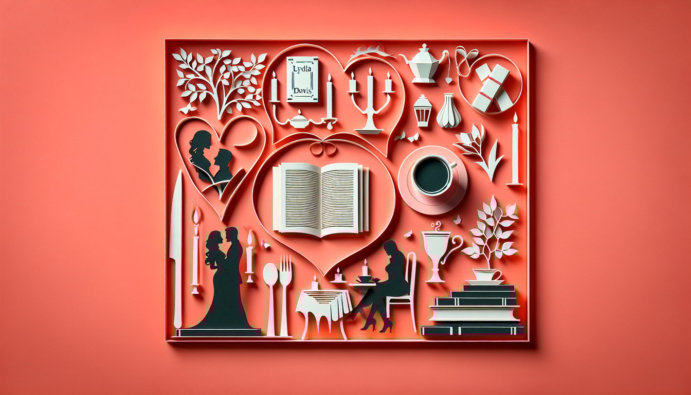 Paper art open book with hearts floating on coral background quiz asking which Lydia Davis novella is the perfect blind date