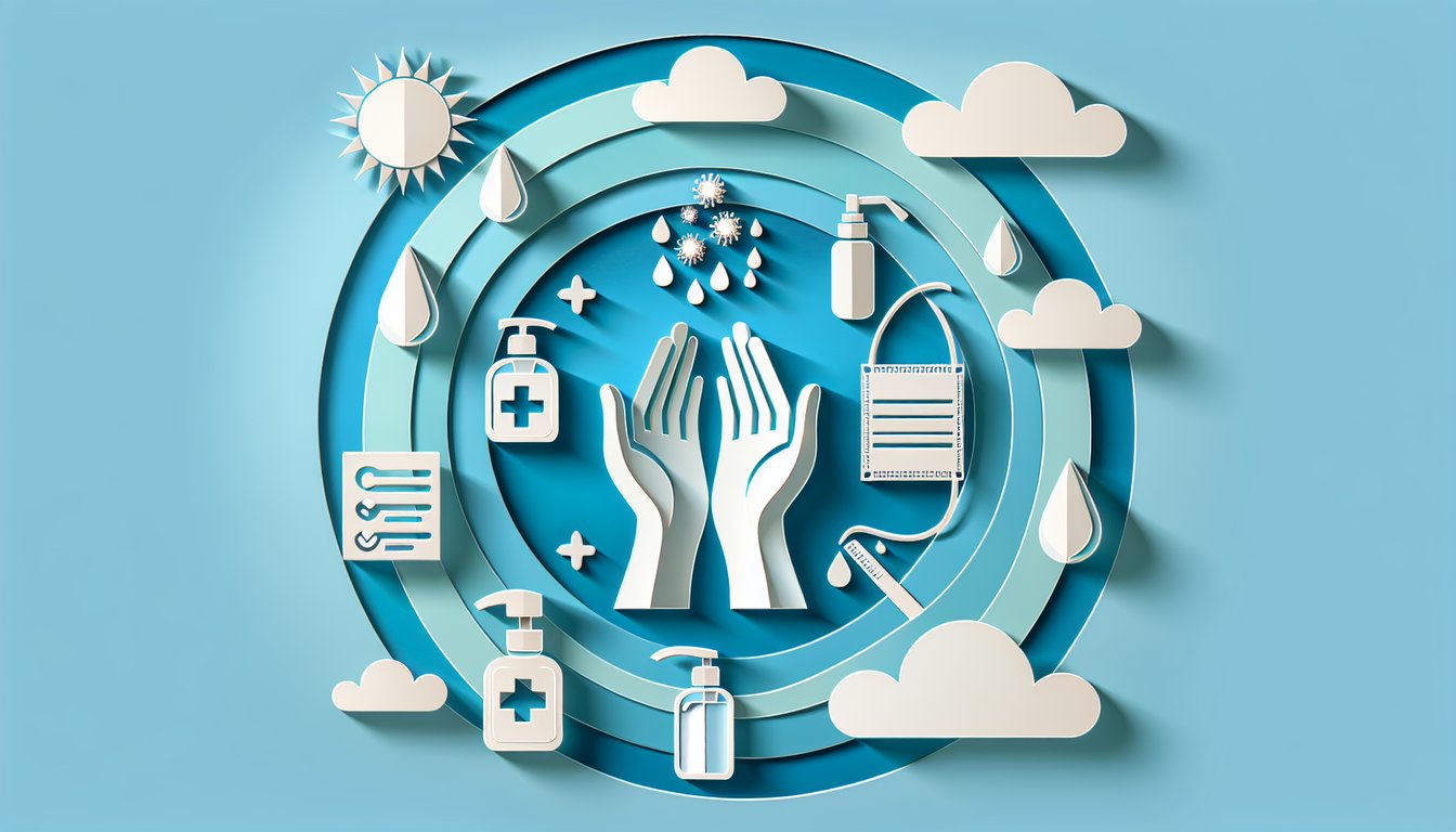 Paper art quiz illustration infection prevention control hygiene icons safety protocol symbols on sky blue background