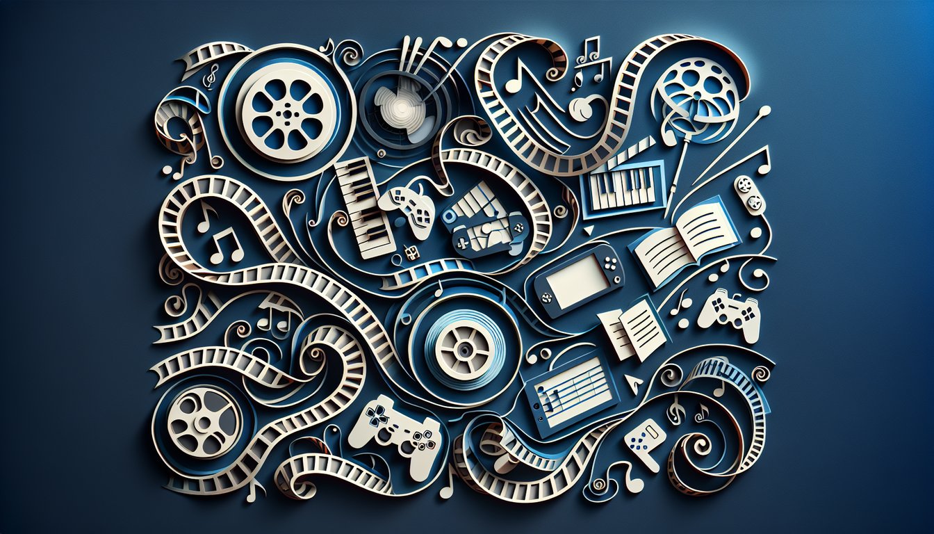 Paper art illustration of movies, games, music, and books quiz icons on dark blue background