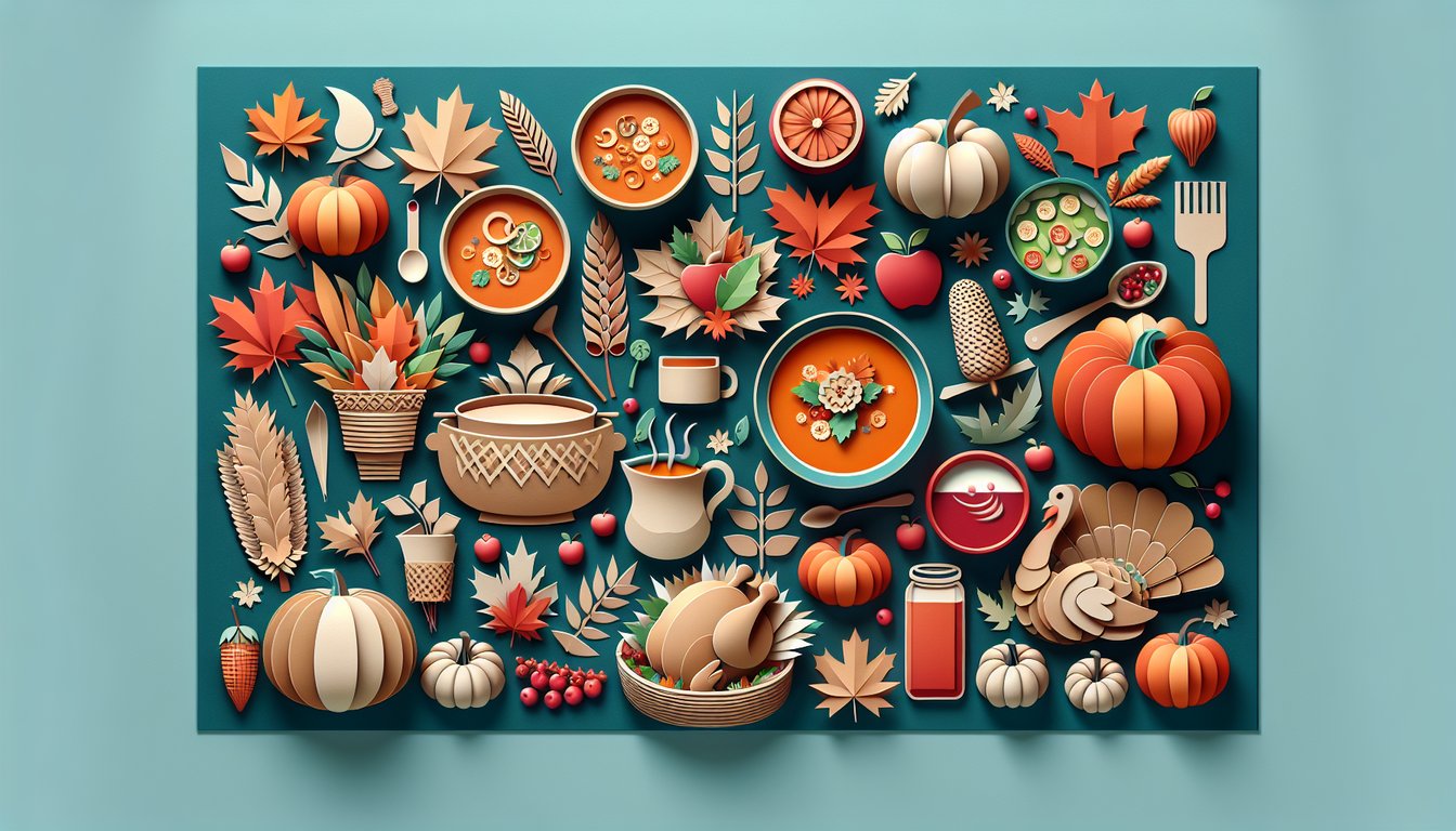 Paper art illustration featuring free fall food trivia quiz elements on teal background with autumn recipes menus icons