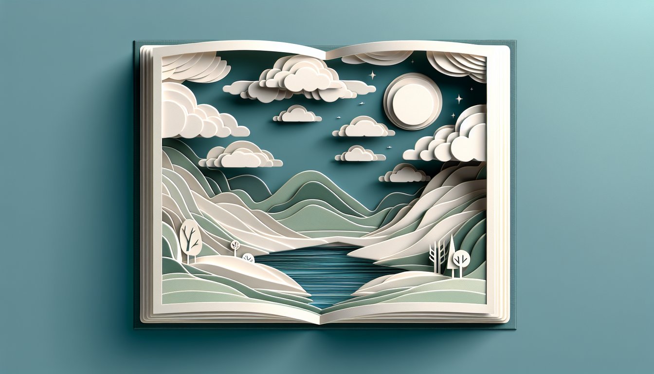 Paper art illustration of book pages and quiz icon on teal background promoting The Giver Chapter 9 quiz
