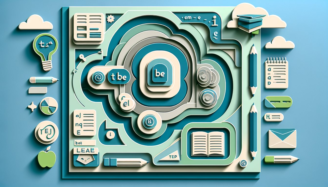 Paper art illustration of teal quiz card with verb be conjugation elements and challenge text for B1 English test.