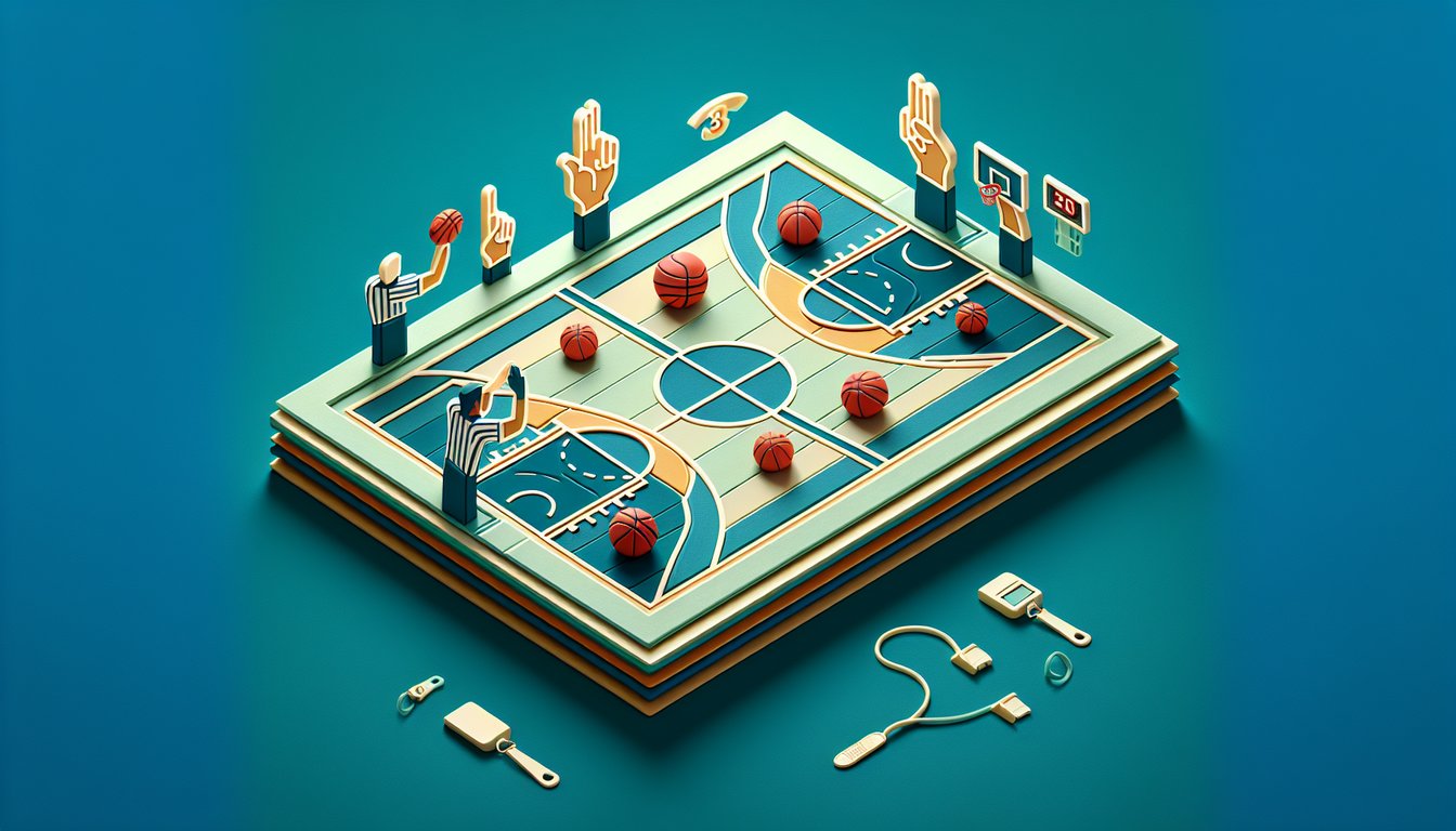 Paper art illustration of basketball referee showing court signals and foul calls on teal background for skills quiz