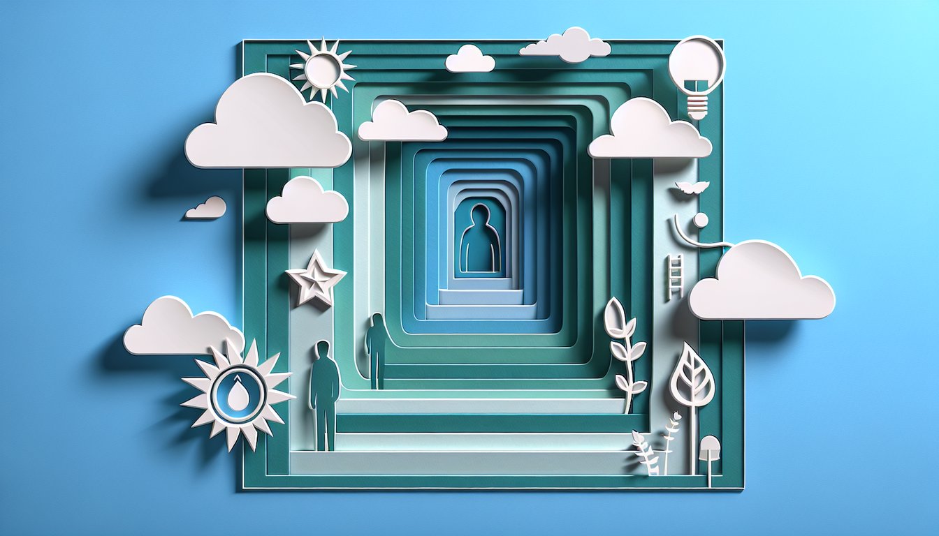 Paper art illustration of layered window panes and abstract shapes on teal background for Johari Window self awareness quiz
