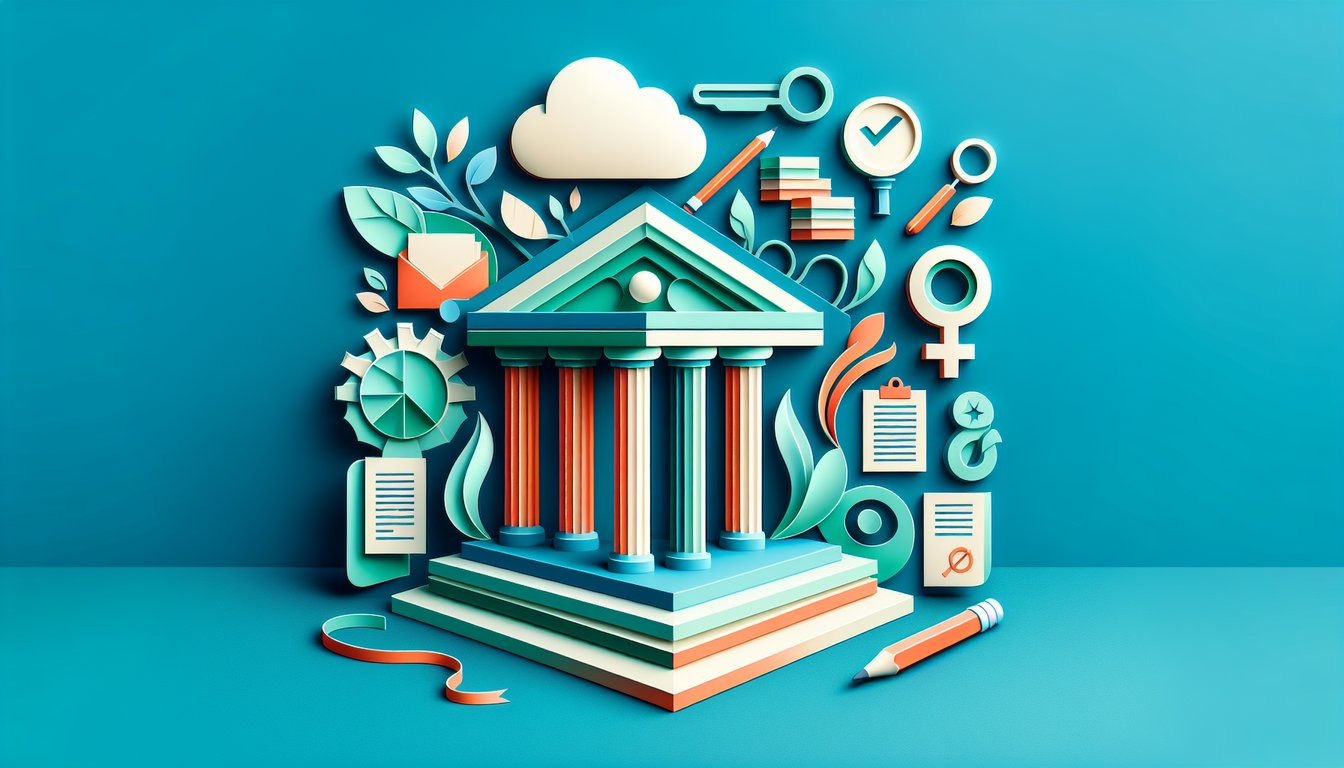 Paper art illustration with layered cutout buildings, a gavel, flags, and question banners on a teal background.
