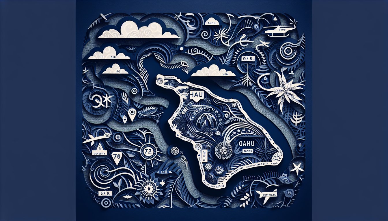 Colorful paper art depicting Oahu island and zip codes for a knowledge quiz