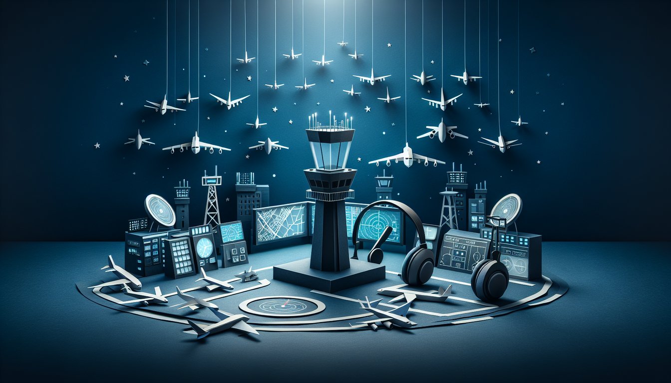 Colorful paper art depicting elements related to Air Traffic Control Knowledge Test quiz