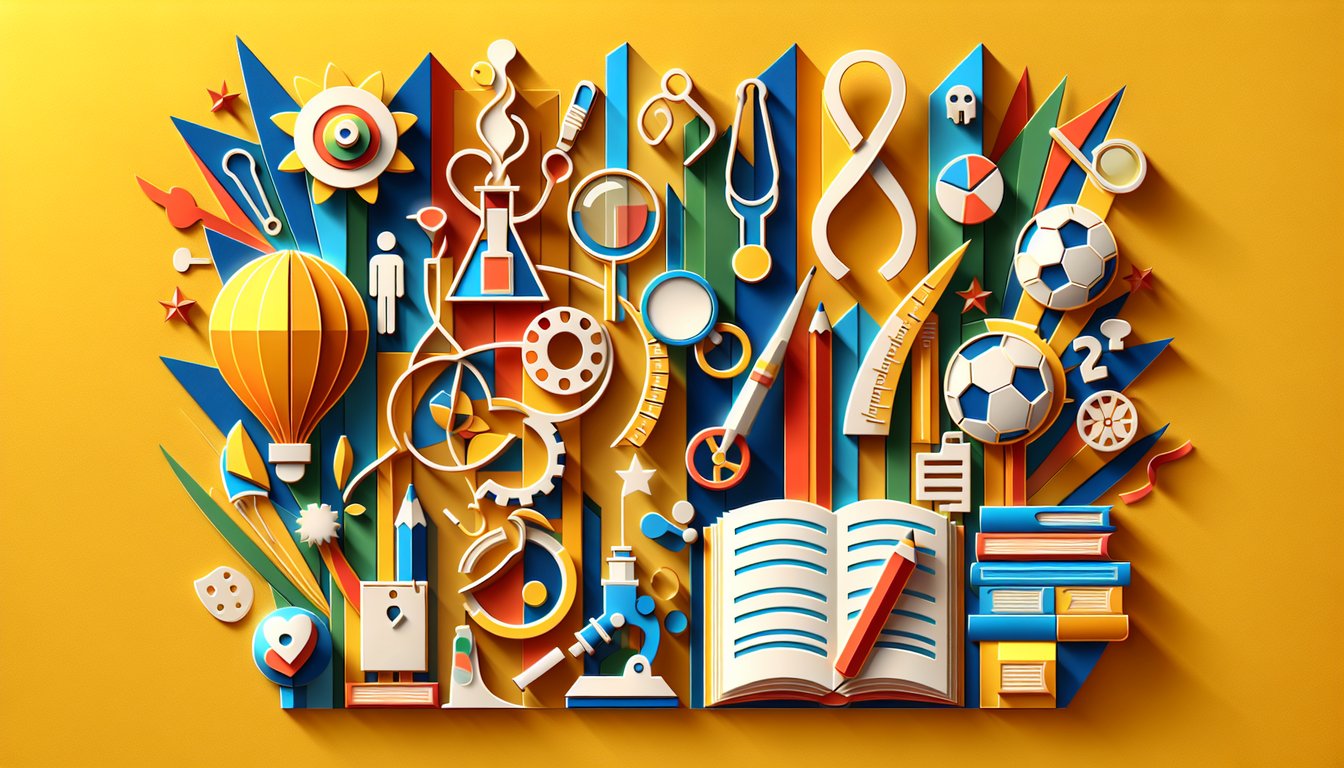 Paper cutout style students books pencils and school icons on golden yellow background for a personality quiz