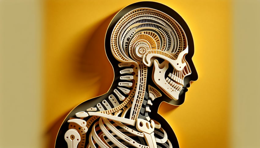 paper art skeleton highlights capitulum humerus ribs on golden yellow background for anatomy quiz