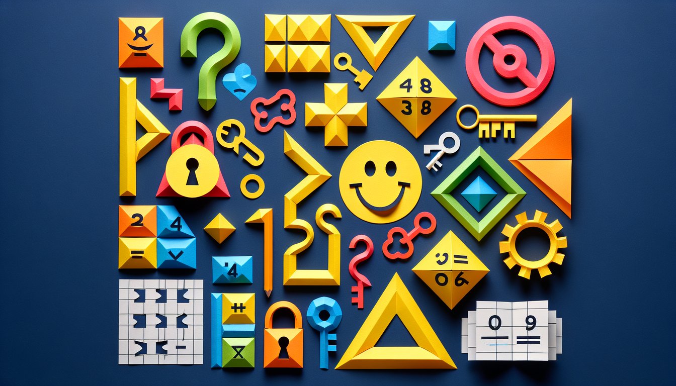 Colorful paper art promoting Smiley Key Quest, a math trivia quiz for middle schoolers.