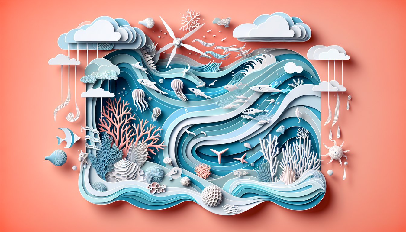Swirling paper art waves with arrows showing wind driven and tidal flows on coral background