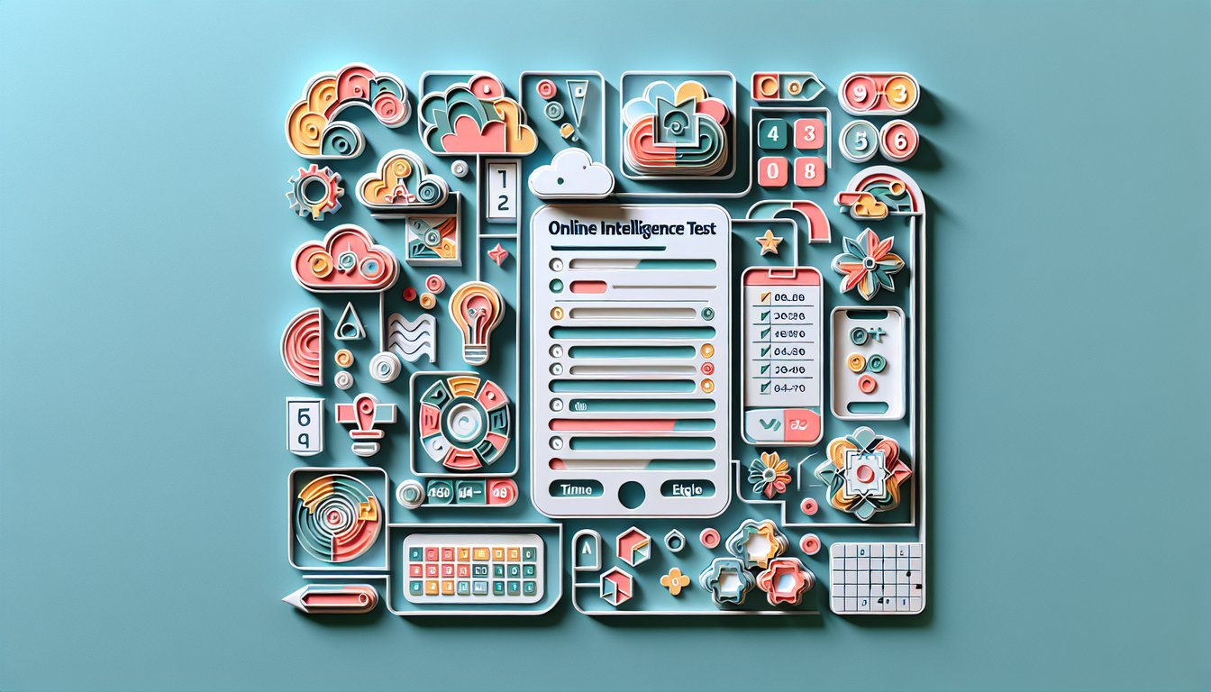 Paper cut illustration showing gears number tiles and puzzle shapes on teal backdrop promoting free online intelligence quiz