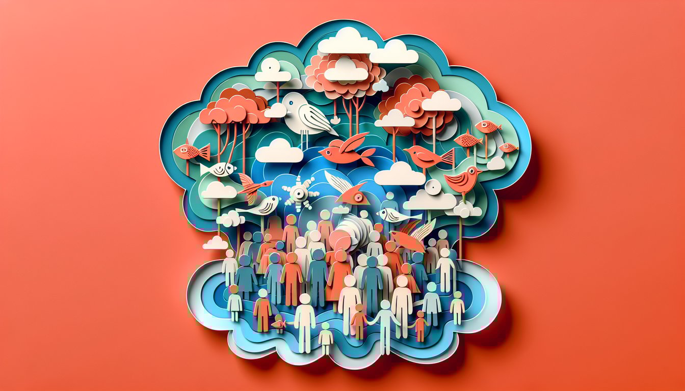 Paper art illustration for a Collective Nouns Grammar Quiz on a coral background.