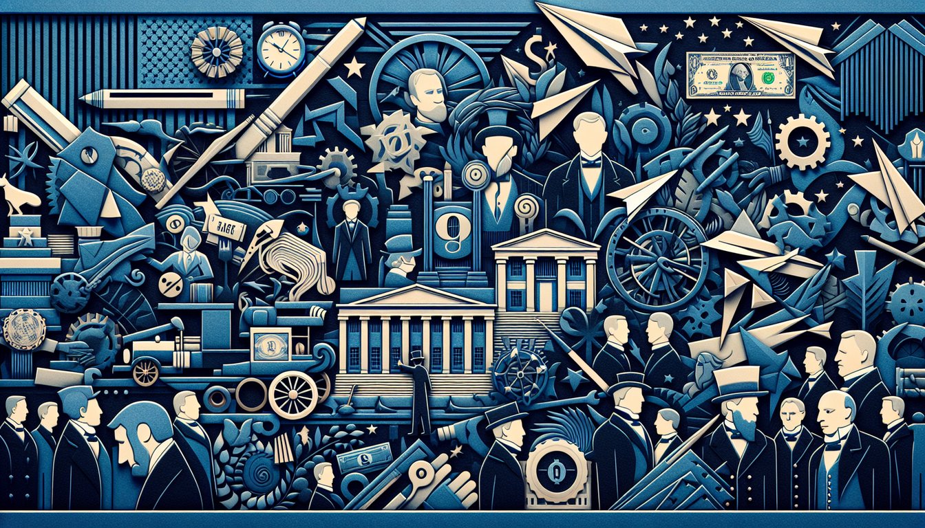 Colorful paper art promoting a Gilded Age trivia quiz for high school students.
