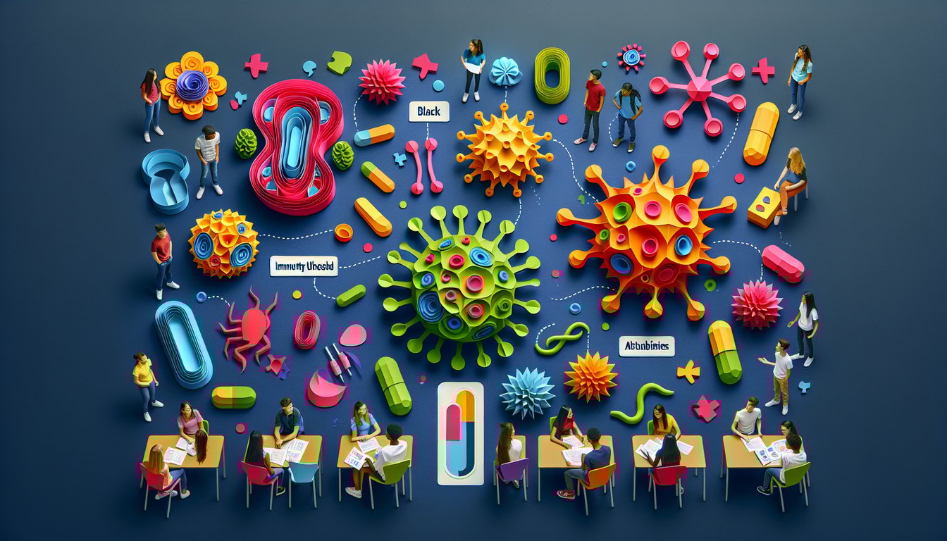 Paper art promoting Immunity Unleashed quiz for high school biology students.