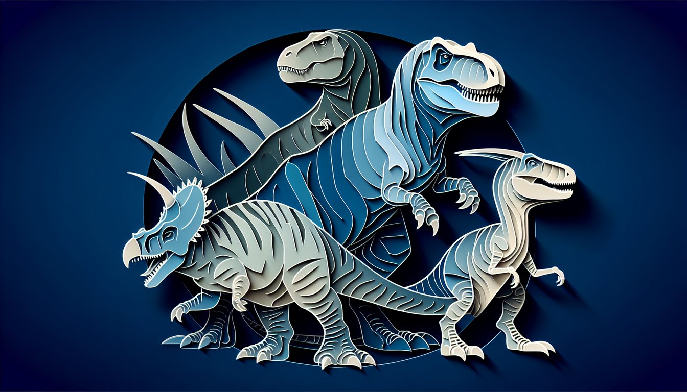 Paper art illustration for Jurassic Park character quiz on dark blue background