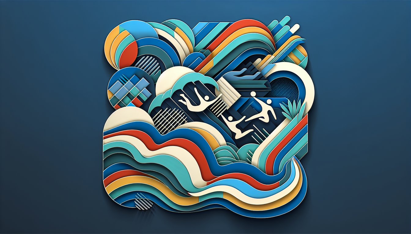 paper art colorful shapes, lettering for quiz on 19th olympiad design and graphic design movements on dark blue background