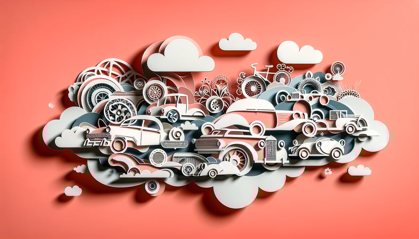 Paper art illustration for car name generator quiz on coral background